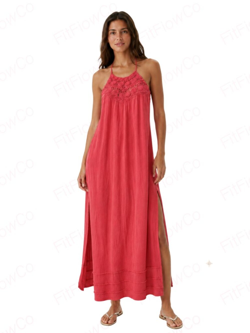 Billabong Midsummer Tides Coral Crochet Halter Maxi Dress S Cotton